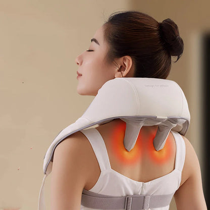 Rechargeable shoulder and neck massager with hot compress function in beige, light orange, and white beating style