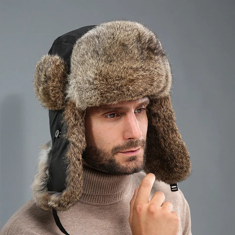 Rabbit fur unisex thickened warm ear protection hat in black cloth with black fur, dome crown style