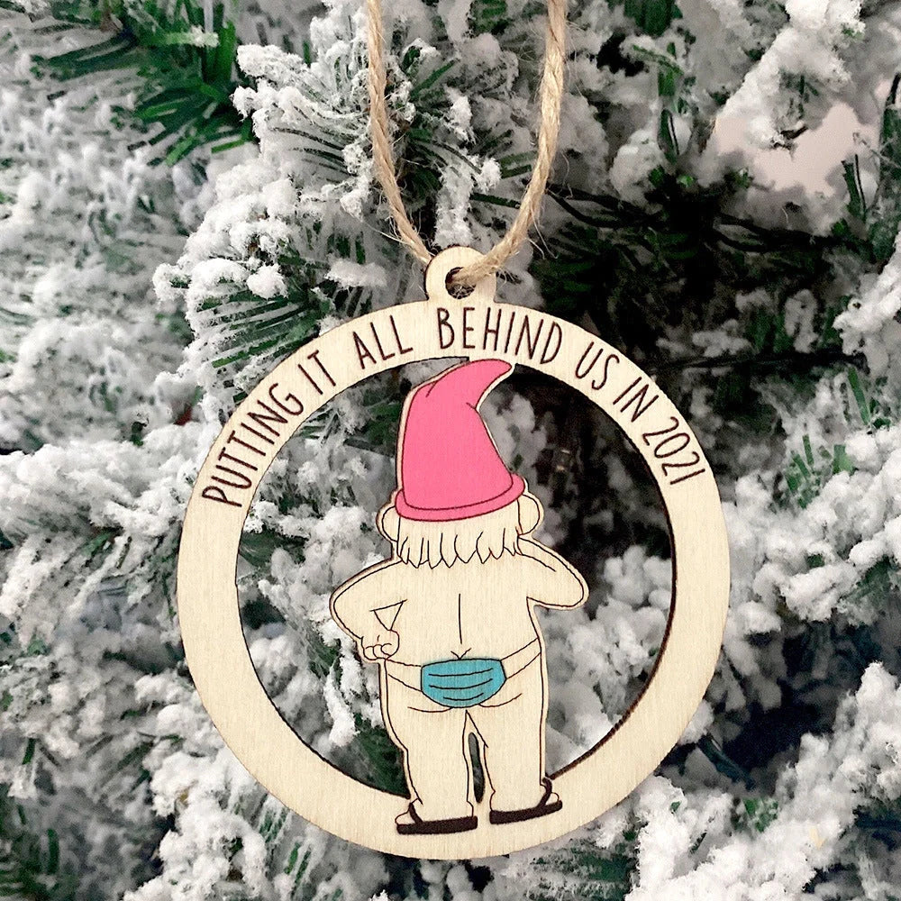 Wooden Christmas tree pendant with snowman and deer laser-cut design