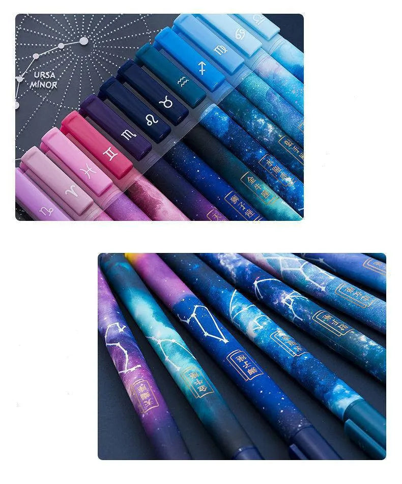 Set of twelve plastic ballpoint pens with different constellation and zodiac designs