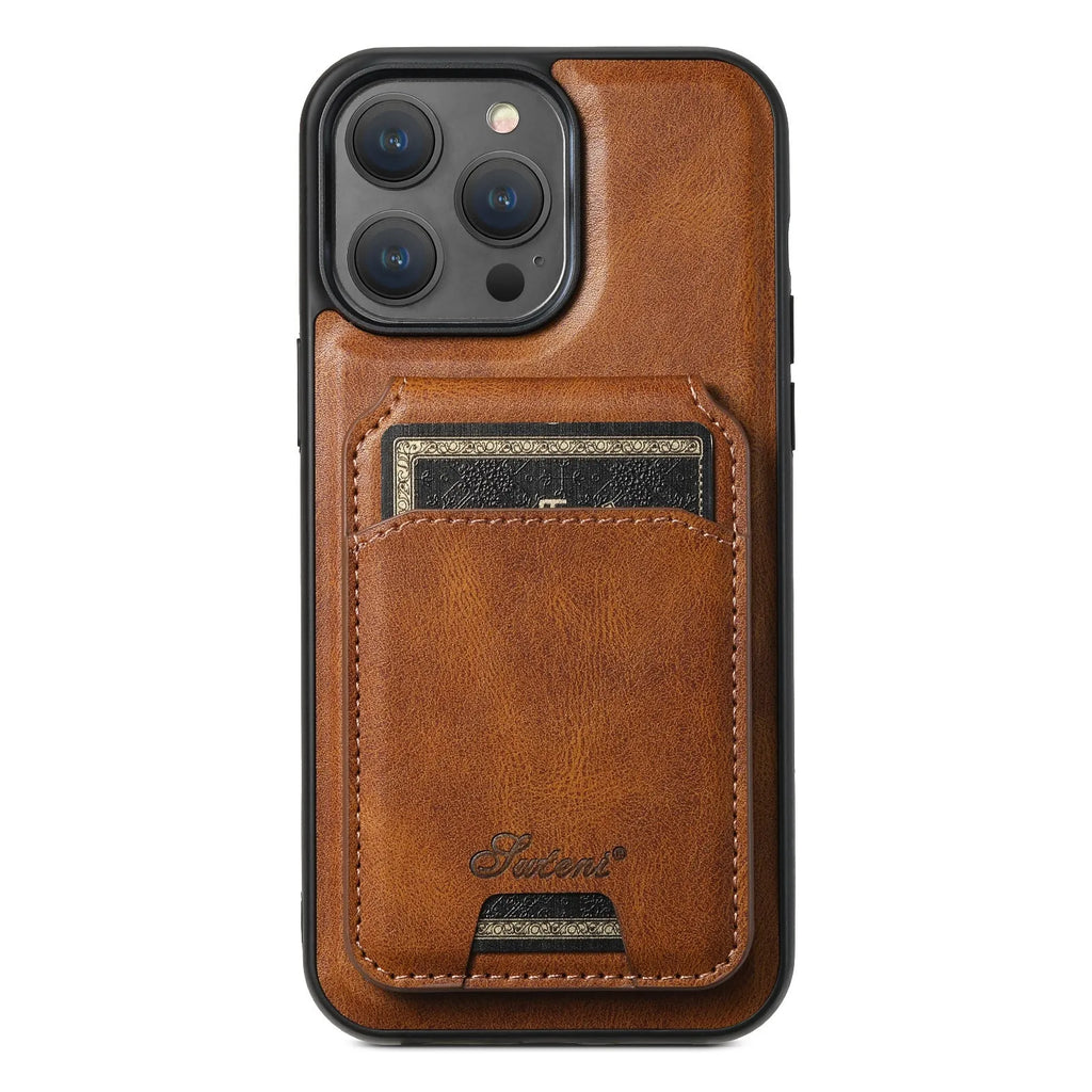 MagSafe silicone iPhone case with rear magnetic card holder in oil wax finish colours.