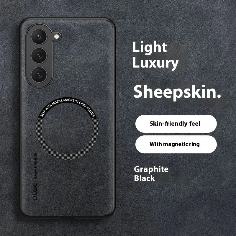 Samsung Galaxy phone case in graphite black with magnetic ring and imitation leather finish