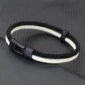 Handmade woven hand strap with Milan rope alloy construction in black and white colours