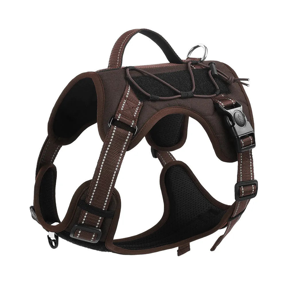 Reflective dog harness with vest, hand holding rope, and explosion-proof breast strap in multiple colour options