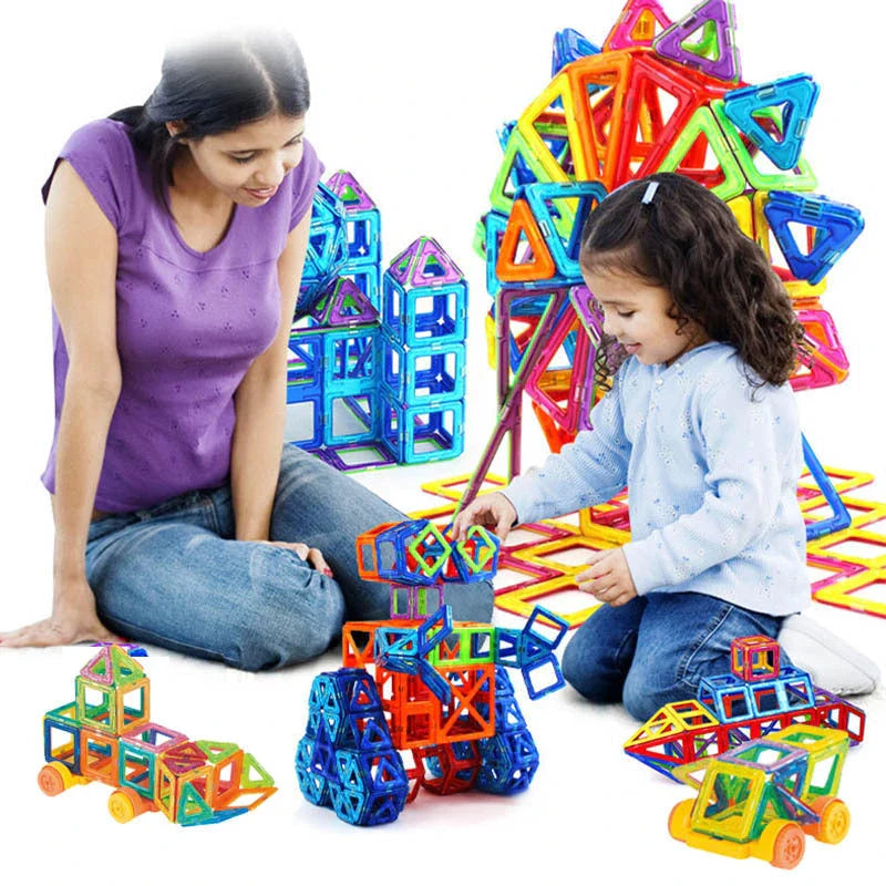 Premium magnetic building blocks in various shapes and sizes, showcasing the endless creative possibilities for kids