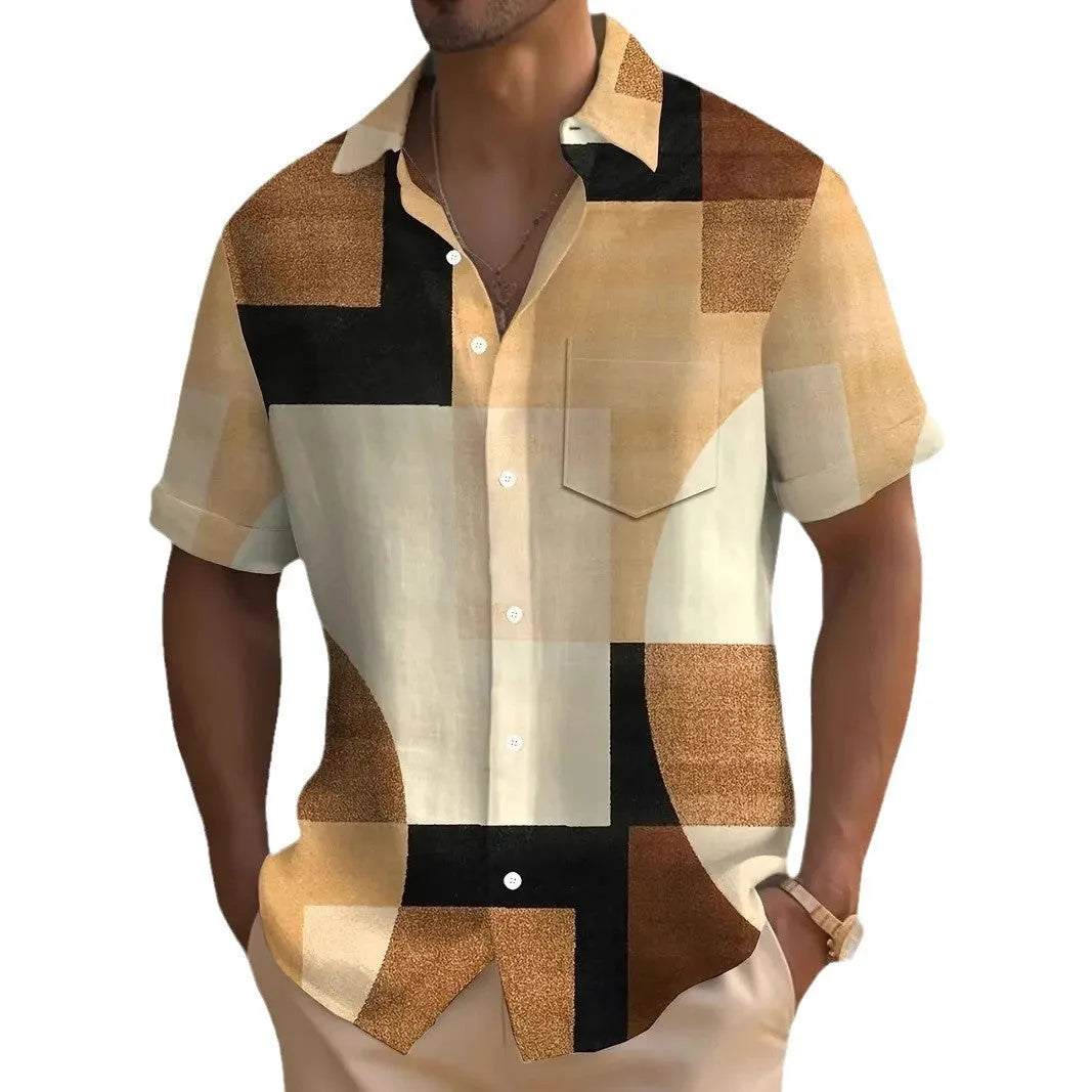 Men's retro geometric contrast colour square 3D printed short sleeve cardigan shirt