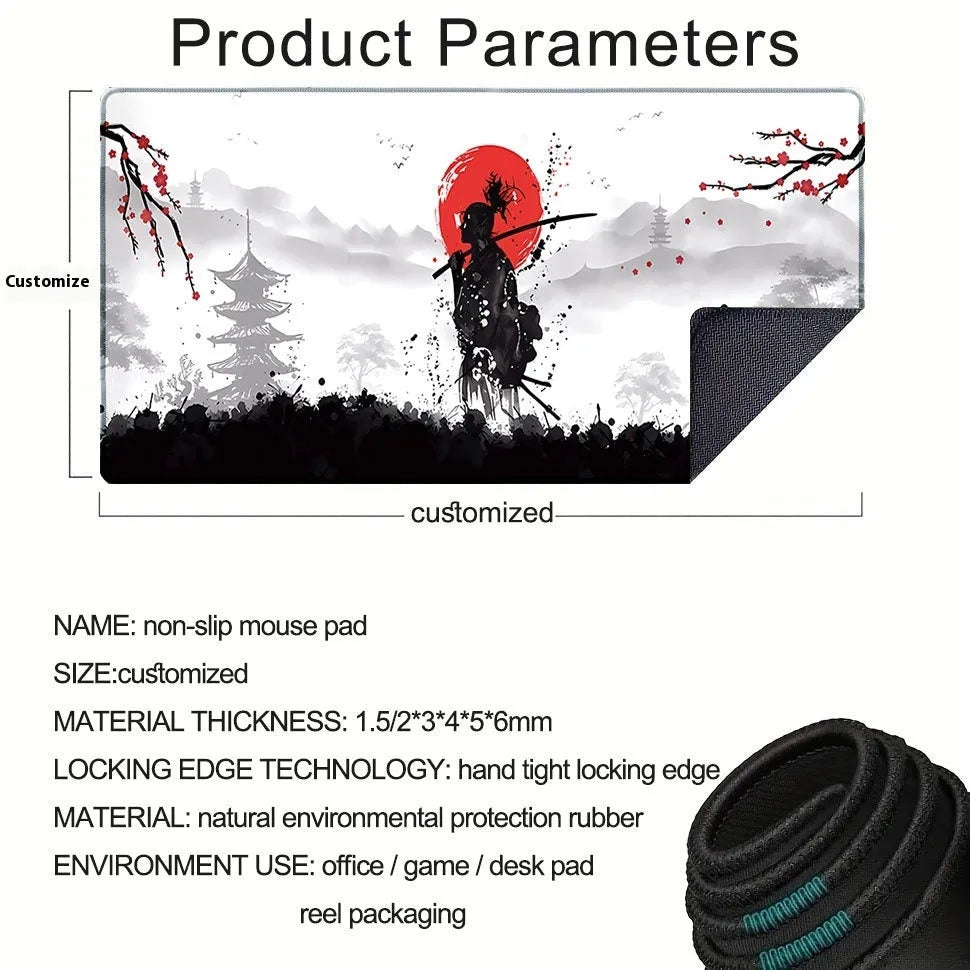 Japanese Samurai design cloth gaming mouse pad on a desk, showing non-slip base and thermal transfer print.