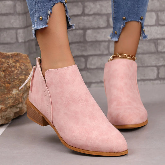 Women's chunky heel ankle boots with V-cut design in khaki, off white, black, and pink