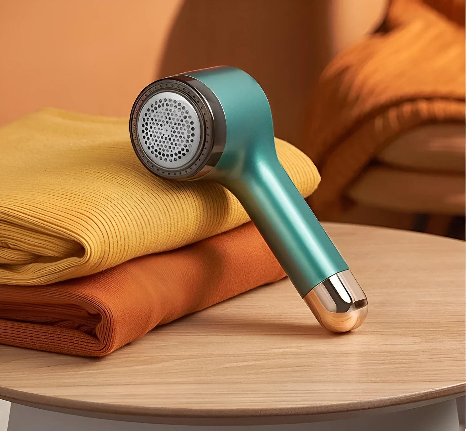 Cordless USB rechargeable hair ball trimmer for removing fluff from clothing and upholstery.