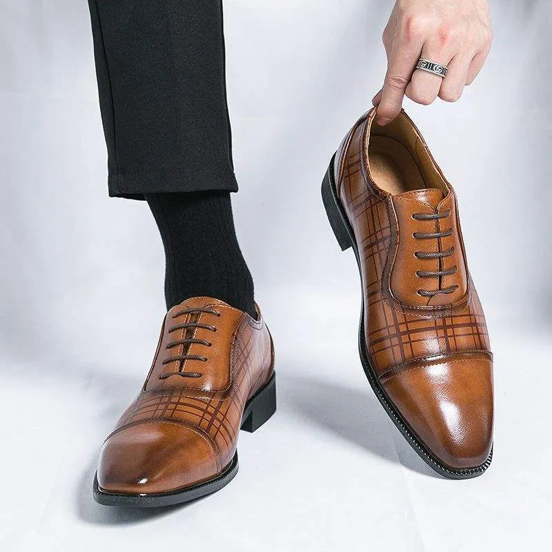 Square toe men's breathable woven PU leather business shoes in dark brown on a neutral background