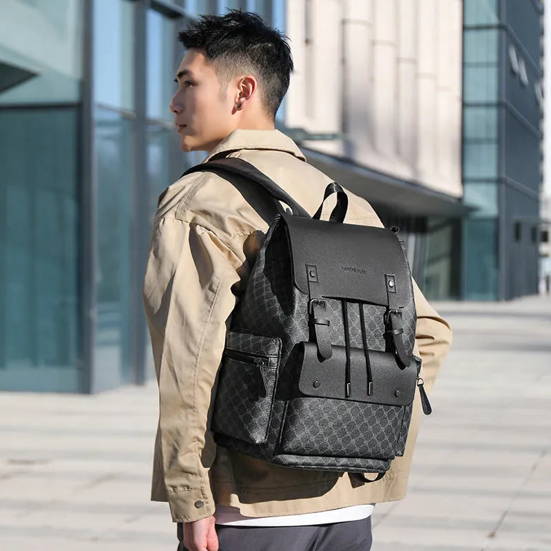 Men's plaid commute backpack in black plaid wear-resistant PU material with curved shoulder straps