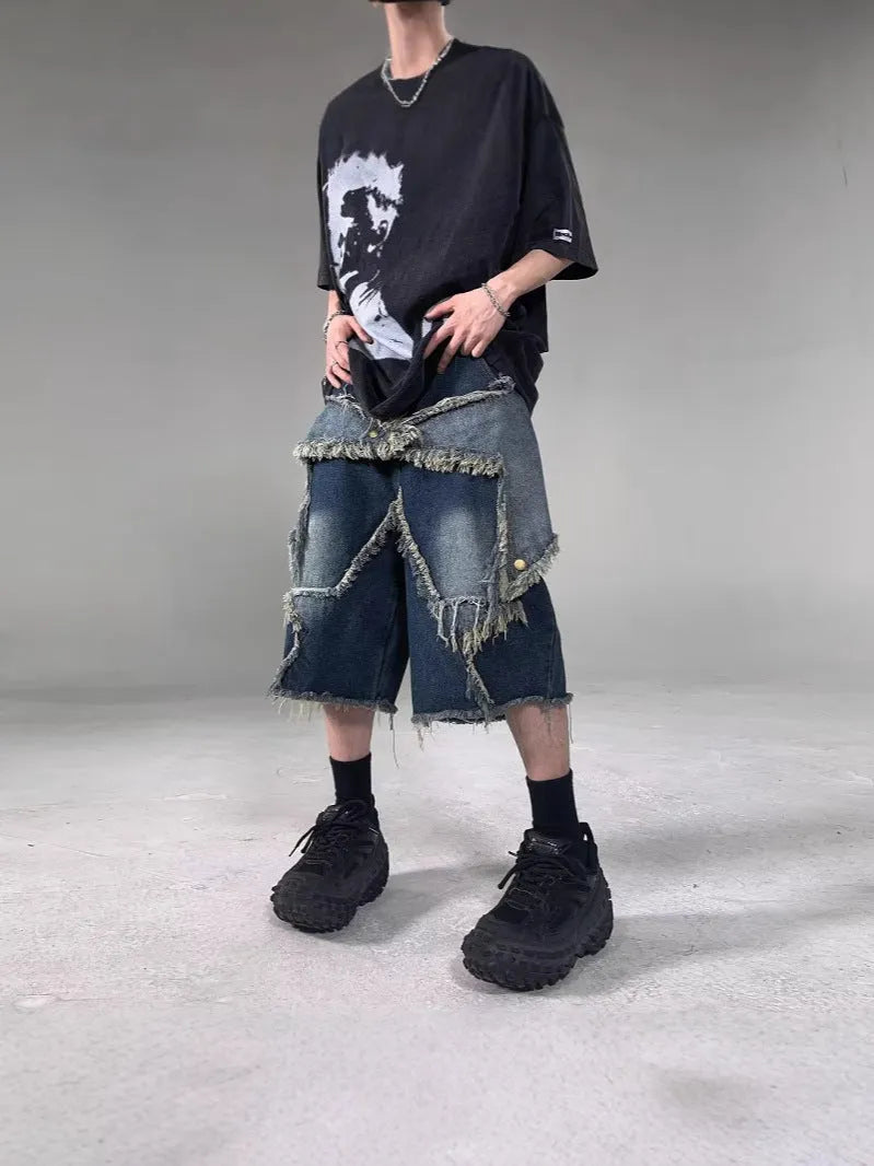 Men's blue retro denim shorts with frayed five-pointed star design and distressed detailing