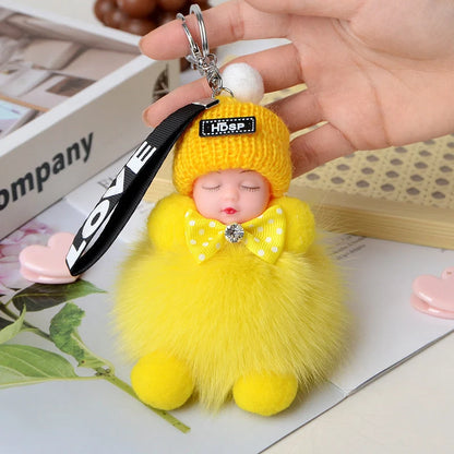 Hand-woven fox fur sleeping doll plush keychain pendant with or without bow