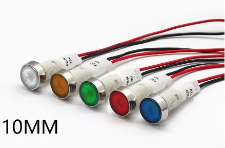 10mm stainless steel edge plastic indicator light with wire, available in white, yellow, red, green, blue colours