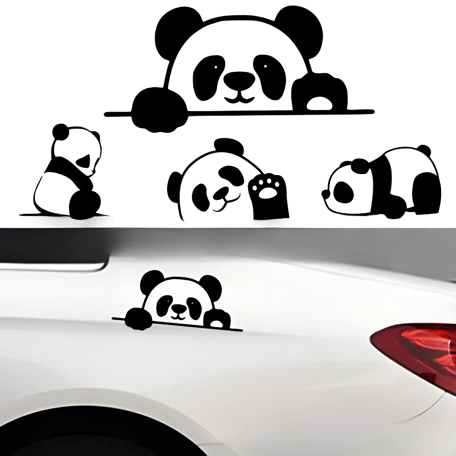 Close-up of a black and white peeking panda design on a vinyl car sticker.