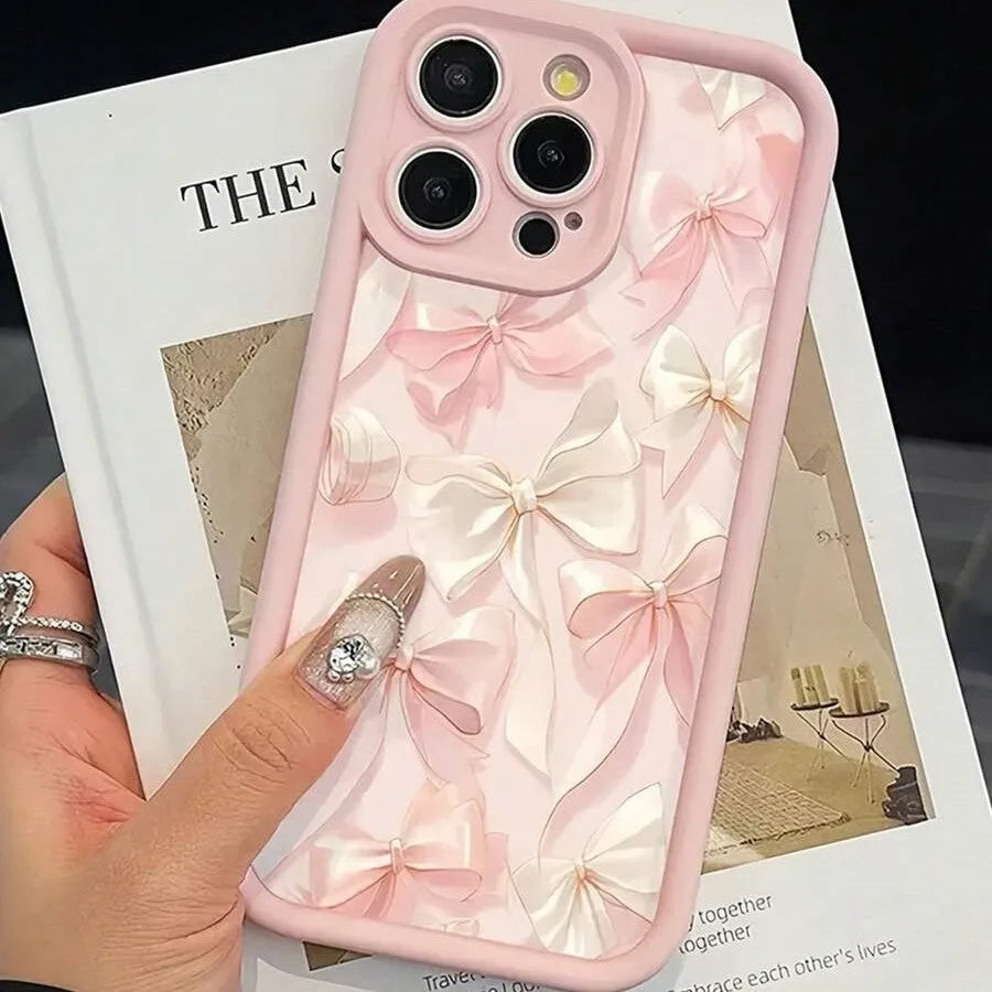 Pink all-inclusive TPU phone case with silk bow and Sky Eye ladder design for Apple iPhone