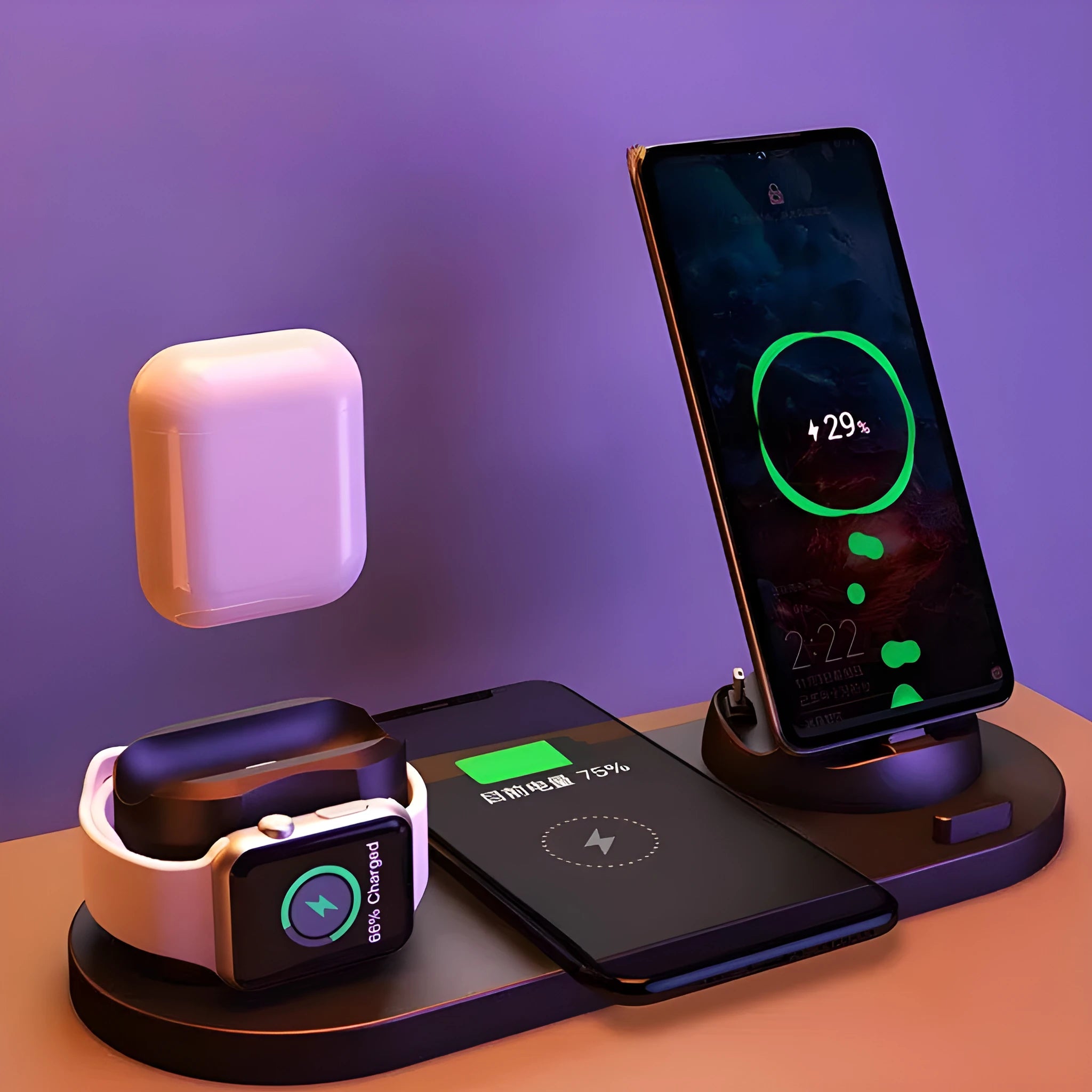 6 in 1 wireless charger for iPhone and watch, fast charging pad in black, compact 23cm design