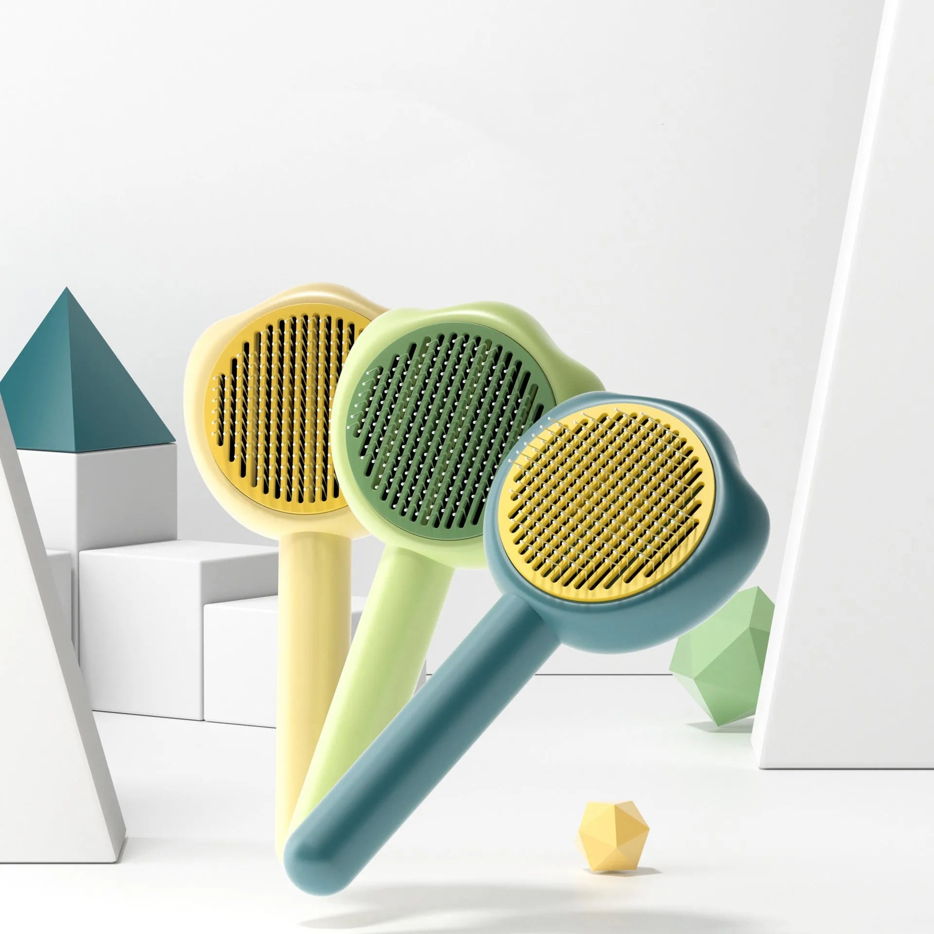 Self-cleaning pet grooming comb with needle brush in blue colour option showing four grooming surfaces
