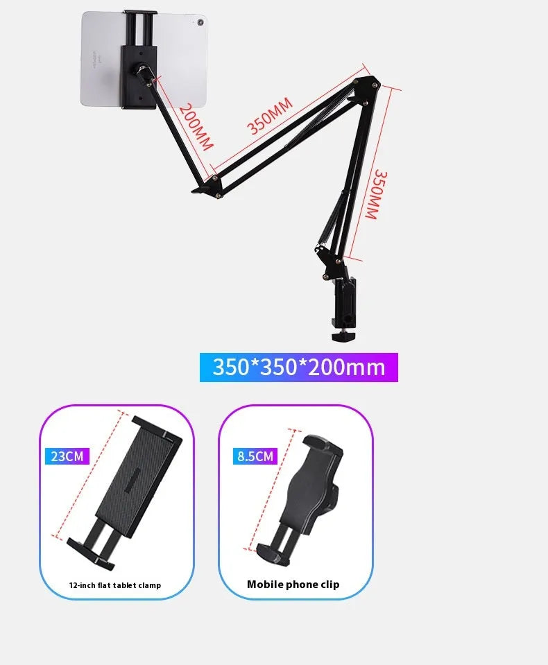 Black foldable metal desktop bracket holding a tablet at an adjustable angle on a desk.