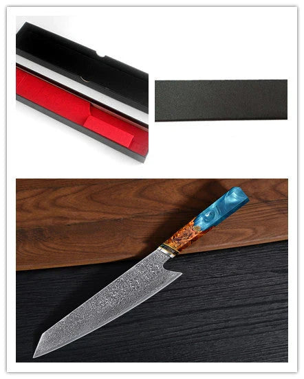 Exquisitely crafted 67-layer Damascus steel chef's knife with elegant brocade pattern and ergonomic resin-wood handle