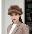 Women's knitted fake mink dome pumpkin hat in beige, one size 54-58 cm, warm and windproof for autumn winter