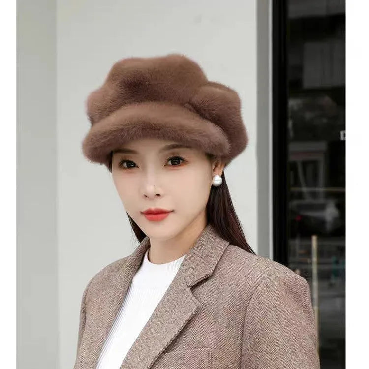 Women's knitted fake mink dome pumpkin hat in beige, one size 54-58 cm, warm and windproof for autumn winter
