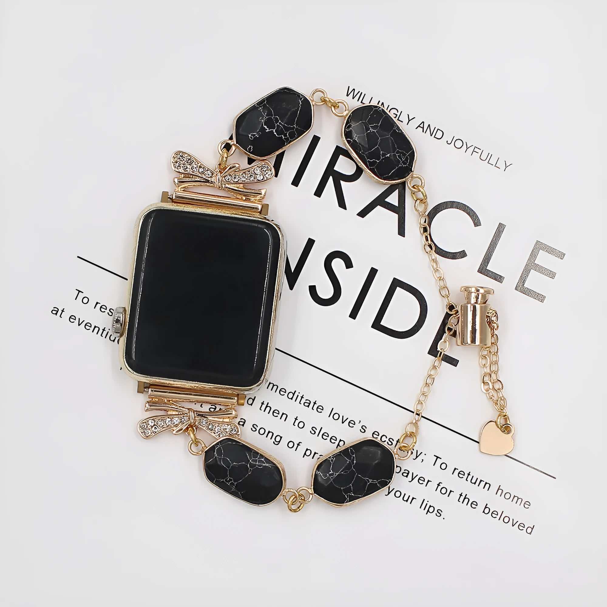 Original design alloy watch strap with stone finish in black, 38mm width