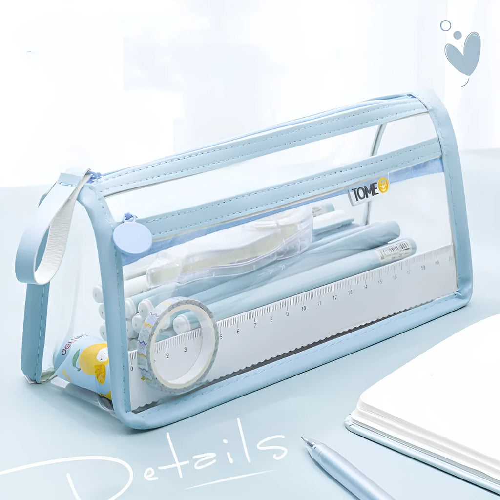 Transparent double-layer pencil case showing two compartments, available in multiple colours