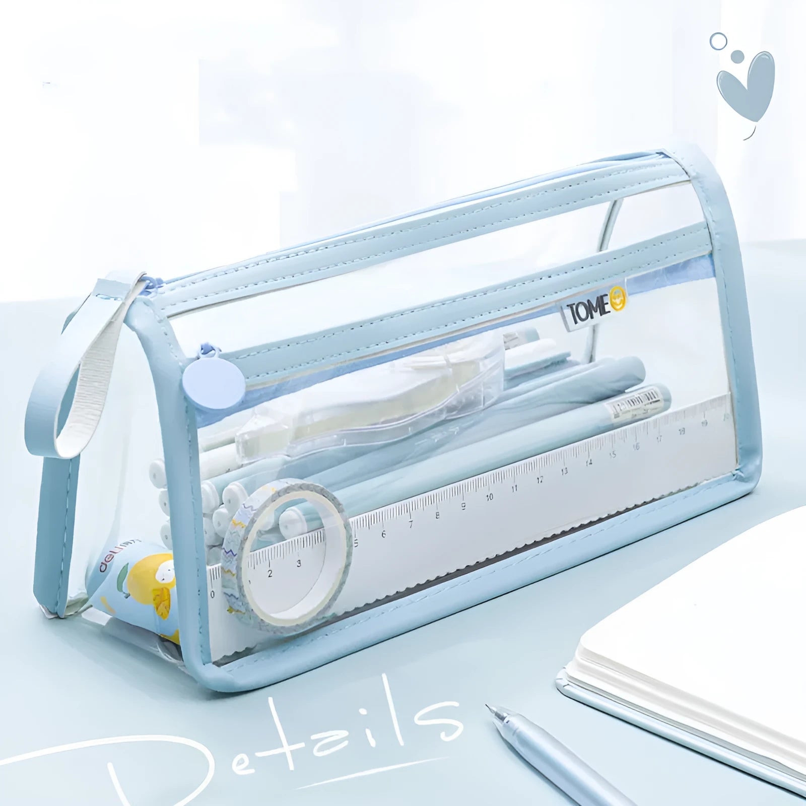 Transparent double-layer pencil case showing two compartments, available in multiple colours