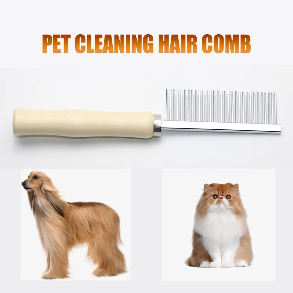 Wooden handle pet grooming comb for dogs and cats with round-tip metal teeth.