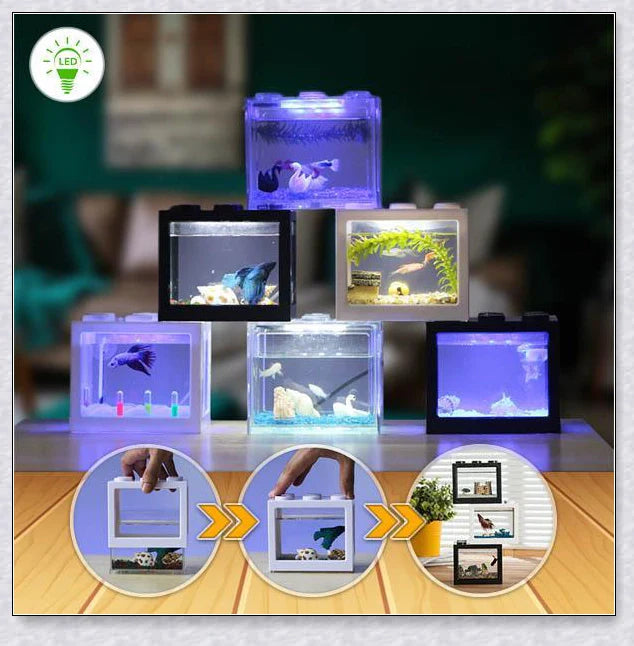 Stackable InspireHOME Mini Block Aquarium with LED lighting, showcasing various color options and configuration possibilities