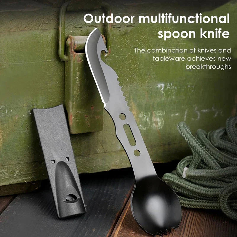 Versatile Outdoor Utensil: Kiwi-made camping spoon, fork, and cutter with survival whistle