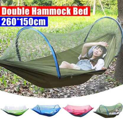 A 2-person portable hammock made with premium Kiwi materials, designed to keep mosquitoes away during outdoor adventures.