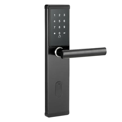 A sleek, stainless steel smart lock with a touchscreen panel and mobile app integration for remote access and control.