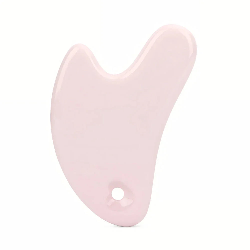 Ceramic Gua Sha Face Massager in various colors - Pink, Blue, and White - for skin rejuvenation and relaxation