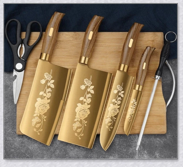 Titangold Designer Titanium Kitchen Knife Set with premium stainless steel blades and innovative titanium coating for enhanced corrosion resistance and durability.