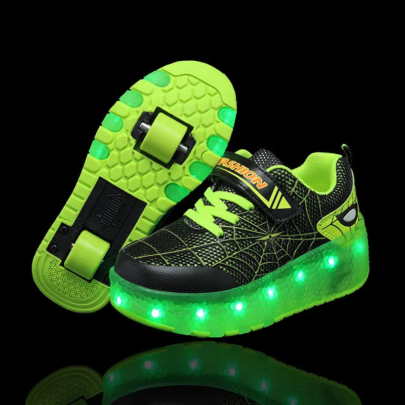 A pair of children's charging walking shoes with vibrant green colour and smooth double-wheel design, perfect for active Kiwi kids