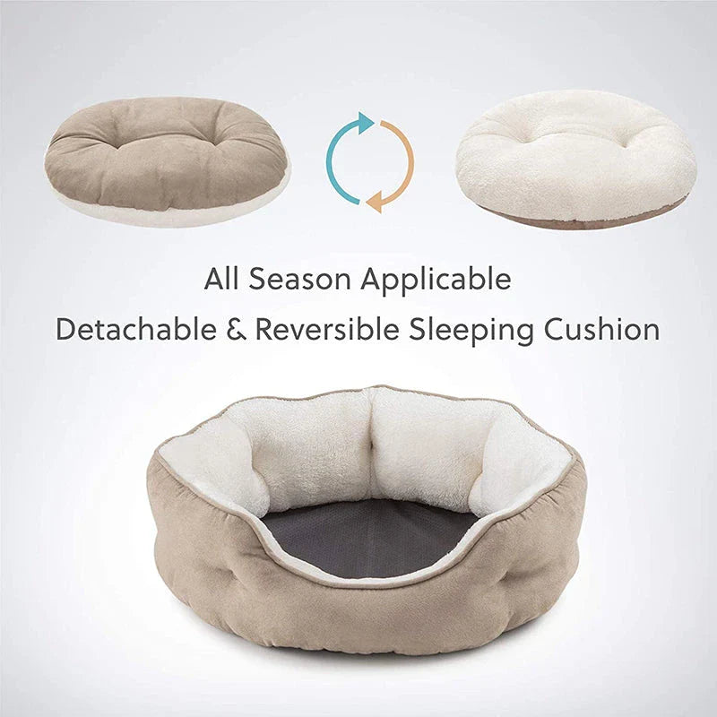 Cozy round small pet bed in beige color with soft microfiber fleece material and non-slip bottom