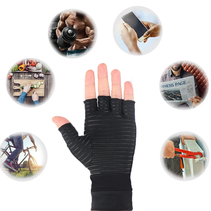 Cosy copper compression gloves designed to relieve arthritis pain and keep hands warm