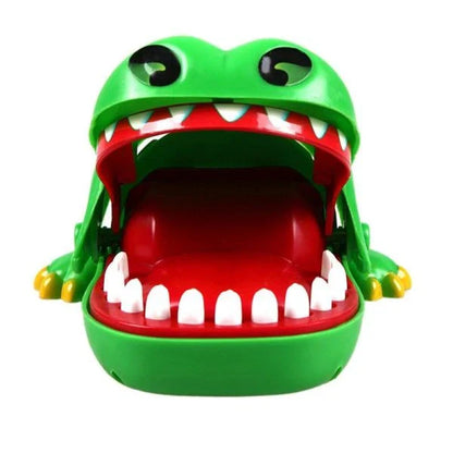 Vivid green crocodile with big eyes, wide open mouth, and sharp teeth - the Crocodile Dentist Game challenges players to carefully pull out the sore teeth using special tongs.