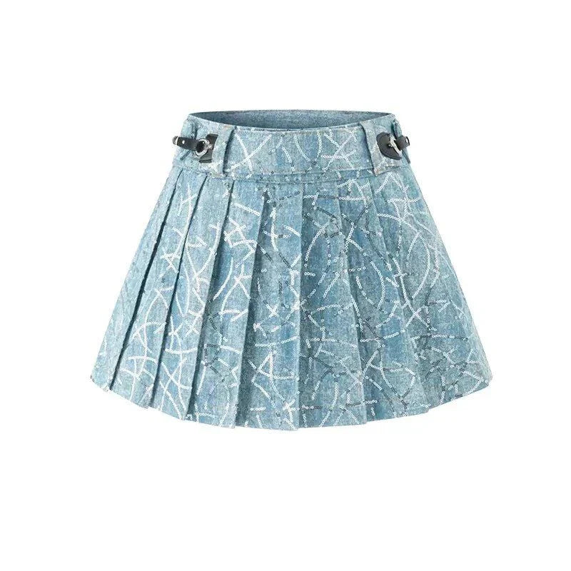 A 90s-inspired 2-piece skirt set with a sequin off-the-shoulder corset top and mini pleated skirt