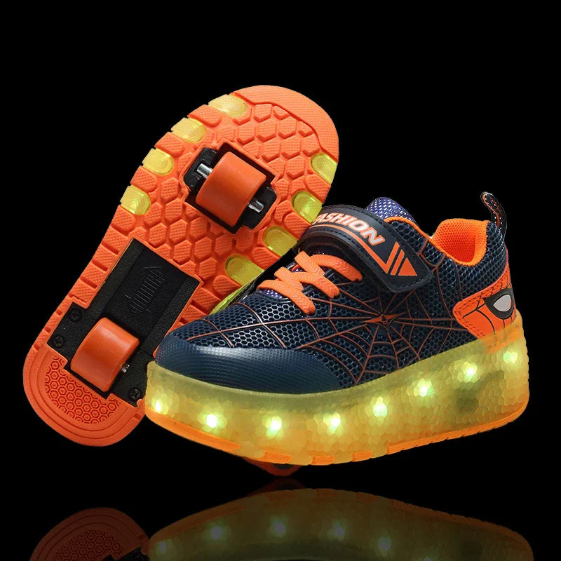 A pair of children's charging walking shoes with vibrant green colour and smooth double-wheel design, perfect for active Kiwi kids