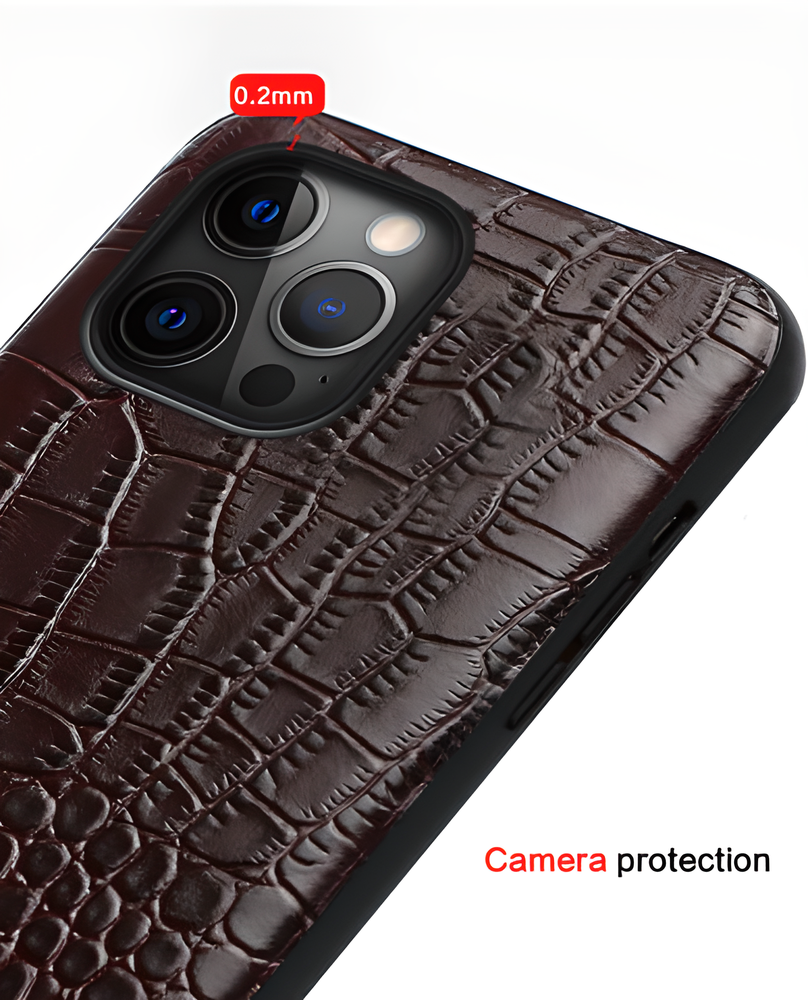 Durable leather iPhone case with shock-absorbing frame, elevated camera cover, and oleophobic coating for premium protection