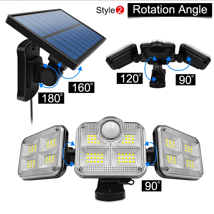 A super bright, adjustable solar-powered LED light with three rotatable heads for customizable outdoor lighting