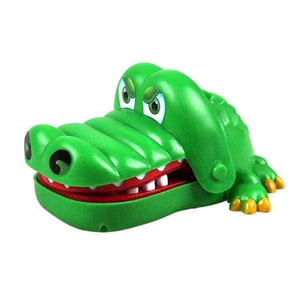 Vivid green crocodile with big eyes, wide open mouth, and sharp teeth - the Crocodile Dentist Game challenges players to carefully pull out the sore teeth using special tongs.