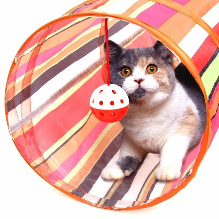 Collapsible cat tunnel made of durable, lightweight cloth for hours of feline fun and exercise