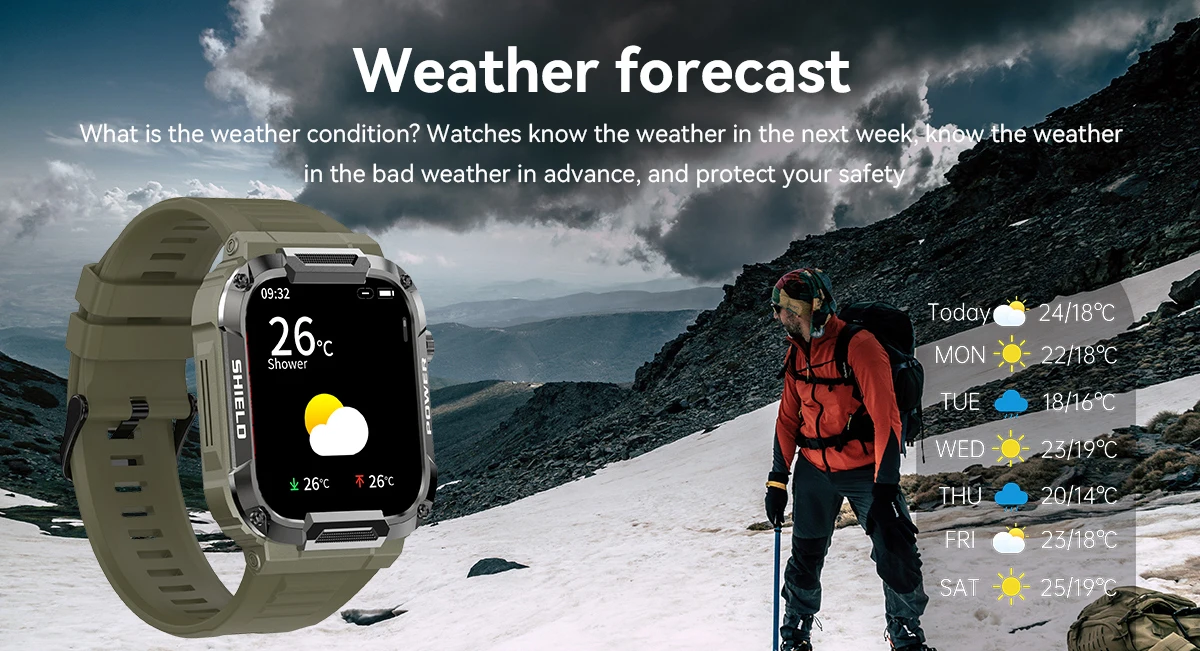 Rugged military-grade smartwatch with anti-smash and anti-fall design, real-time weather forecasts, and advanced health monitoring features