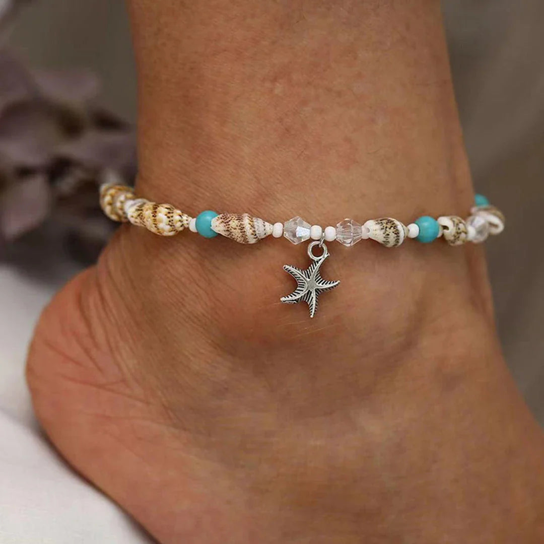 Charming starfish and green stone beaded anklet, a stylish and eco-friendly accessory for New Zealand beach lovers