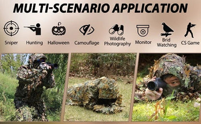 Ghillie Camouflage Camo Suit with 3D leafy design for superior concealment and all-weather performance