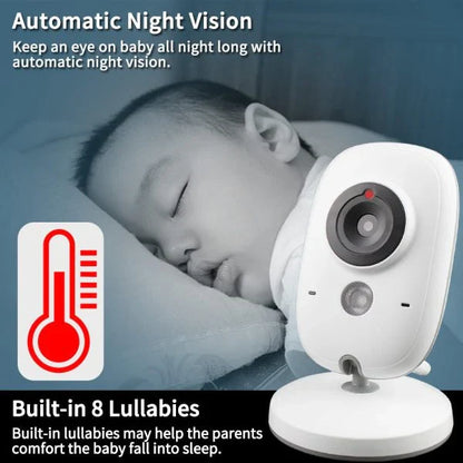 A compact, white digital baby monitor with a 3.2-inch screen, offering features like two-way intercom, temperature monitoring, and automatic night vision.